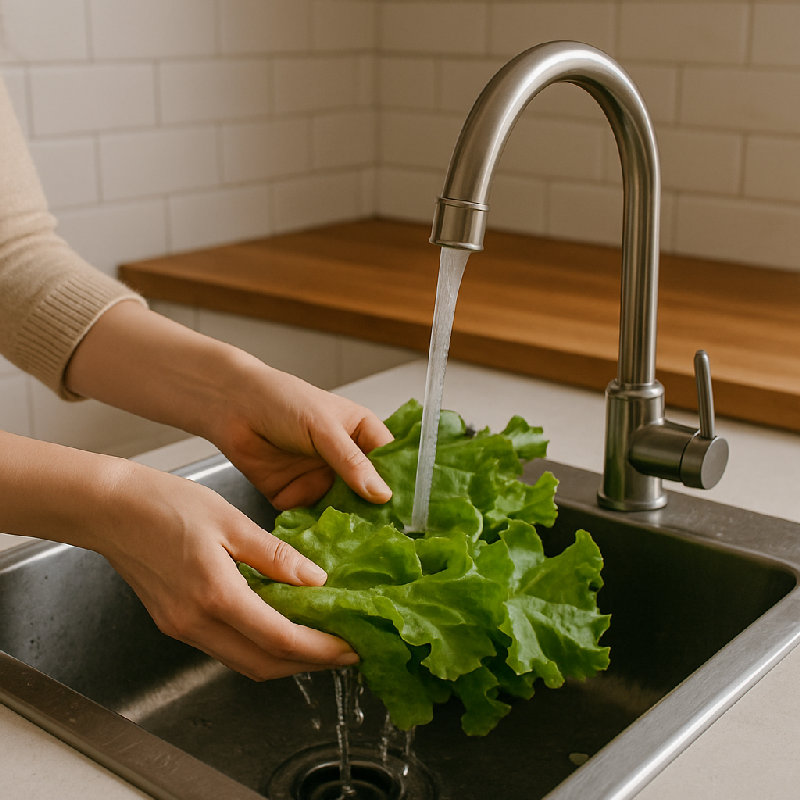 她在清洗生菜叶。