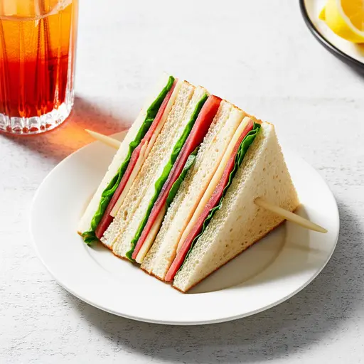 午餐我吃了一个美味的三明治，里面有意大利腊肠、波萝伏洛干酪和脆生菜。