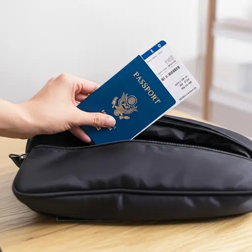 我把护照和机票都放在这个旅行包里。