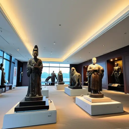 博物馆有几座真人大小的描绘人和动物的雕塑。