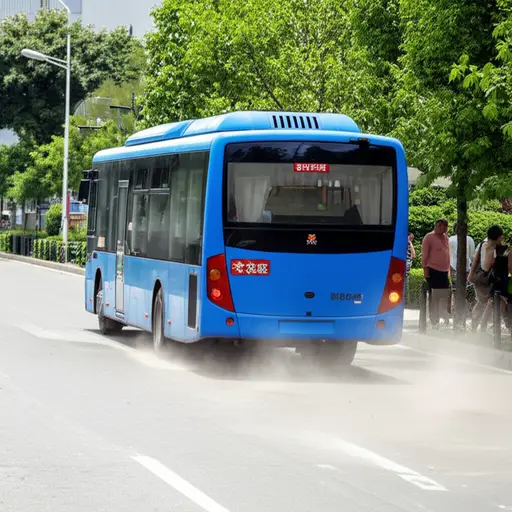 一辆公交车快速地从我们身边驶过。