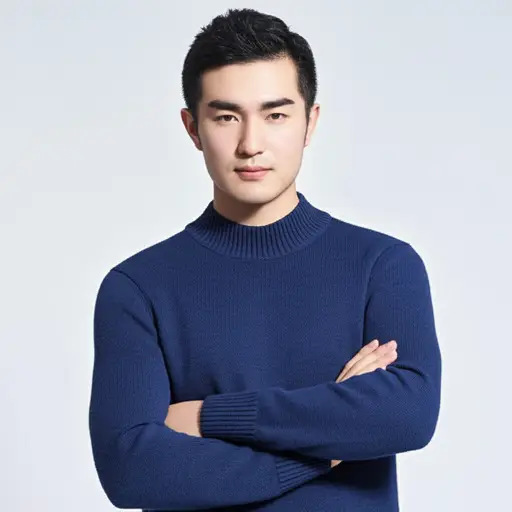 他穿着一件海军蓝色的毛衣。