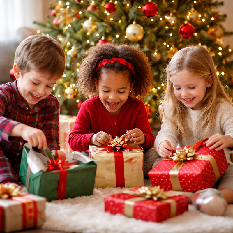孩子们兴奋地在圣诞树下拆礼物。