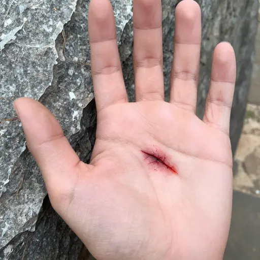 我的手掌被岩石的锋利边缘割伤了。