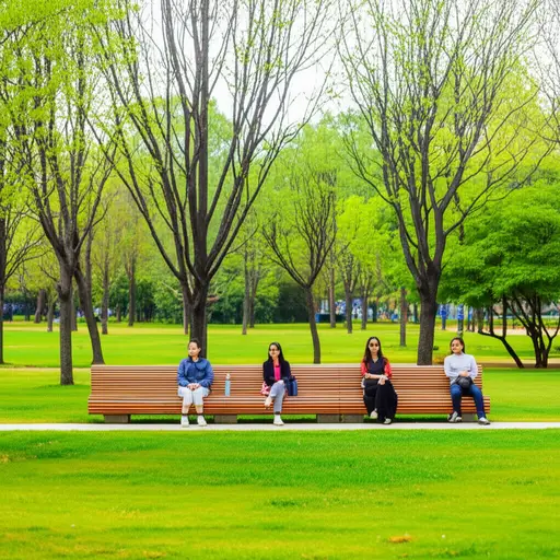 我们坐在公园的木长椅上。