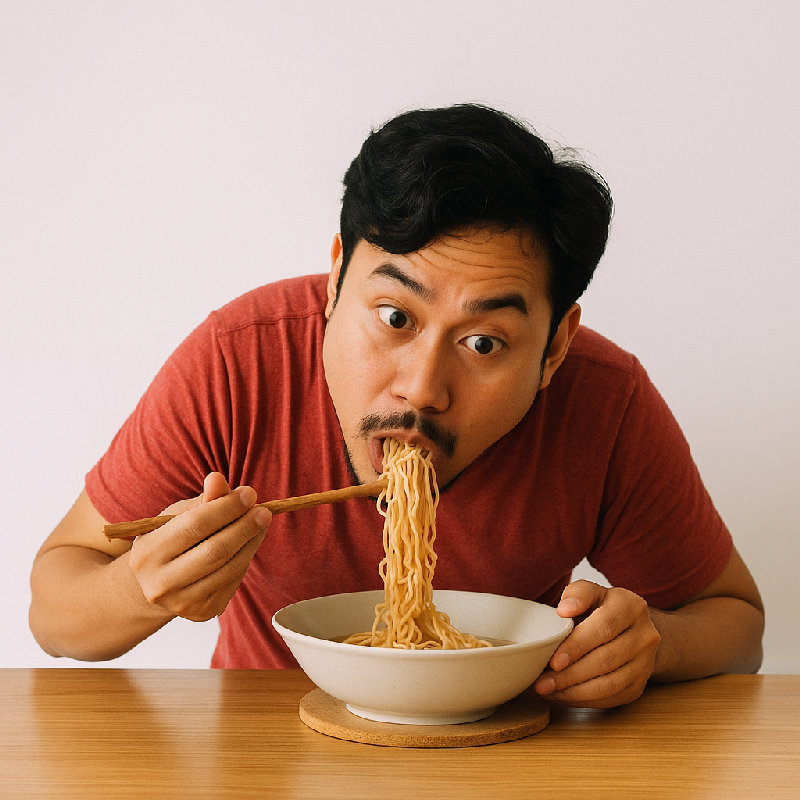 他正大声吸溜着面条。