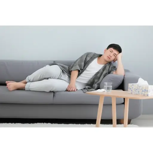 他在家，正在从重感冒中恢复。