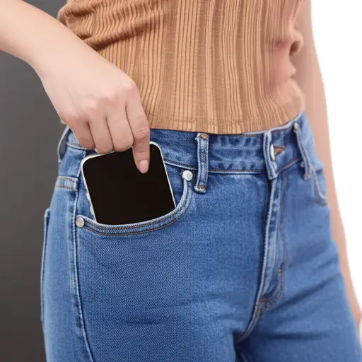 她总是把手机放在牛仔裤前面的口袋里。