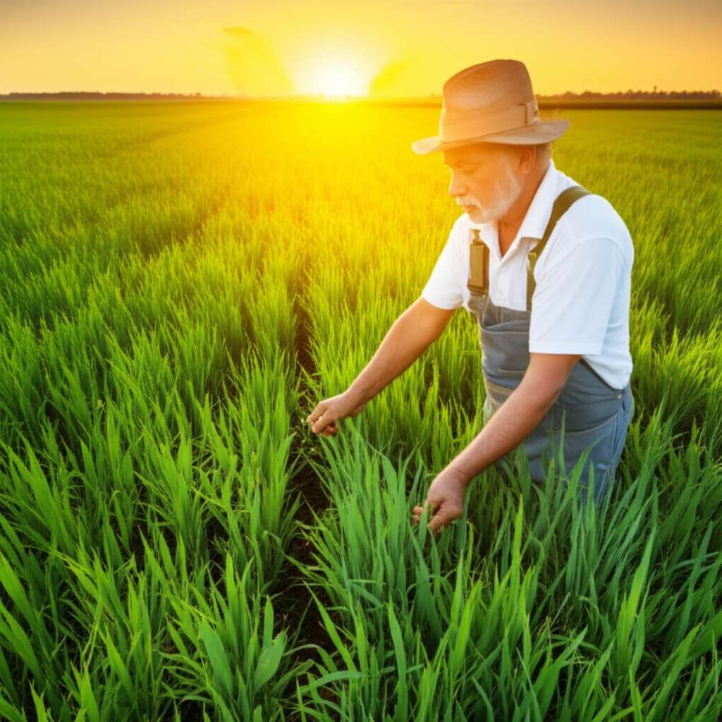这位农民正在检查他的稻田。
