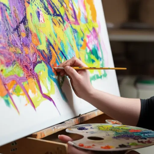 这位艺术家创作了一幅色彩鲜艳的画。