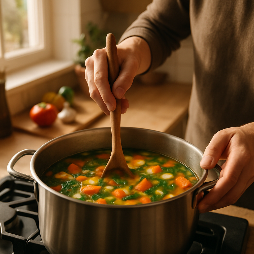 他正在搅拌汤，把材料充分混合均匀。