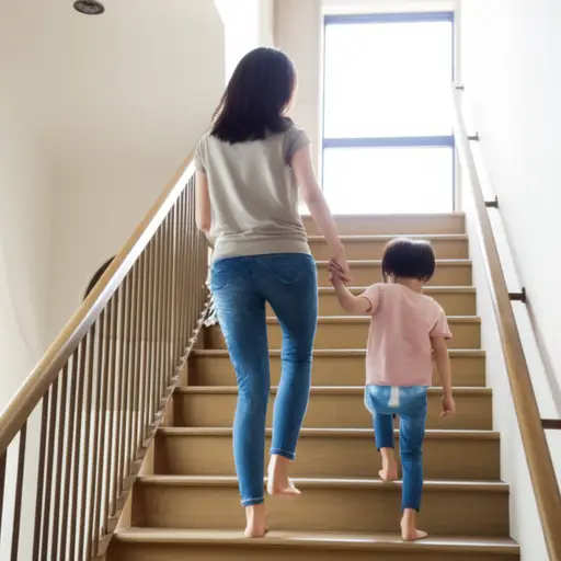 她拉着孩子的手，带他上楼睡觉。