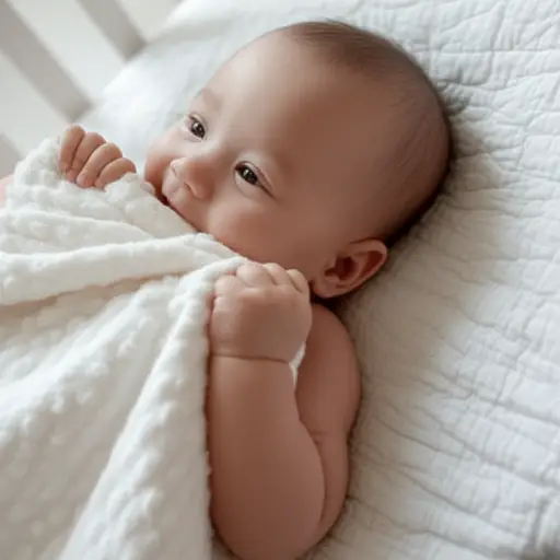 婴儿开心地吮吸着她毯子的一角。