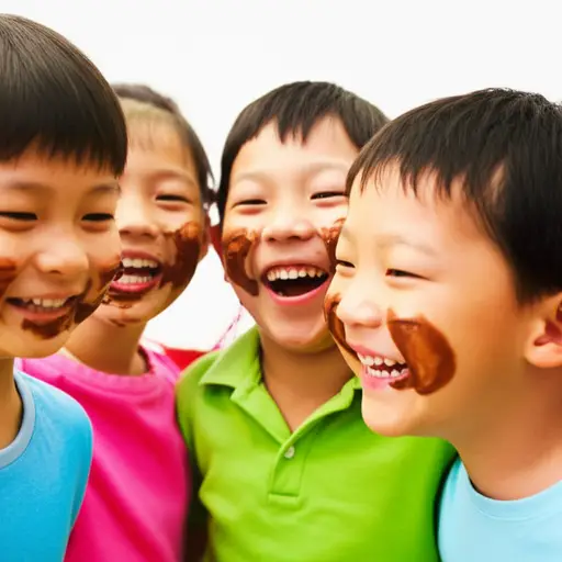 孩子们的脸上沾了巧克力，粘粘的。