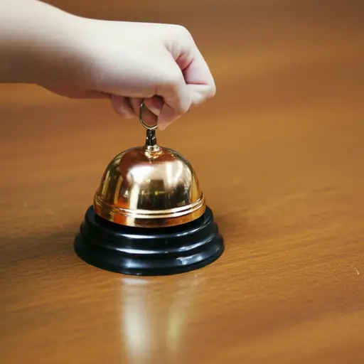 老师的桌上放着一个小铜铃，她摇响它以引起我们的注意。