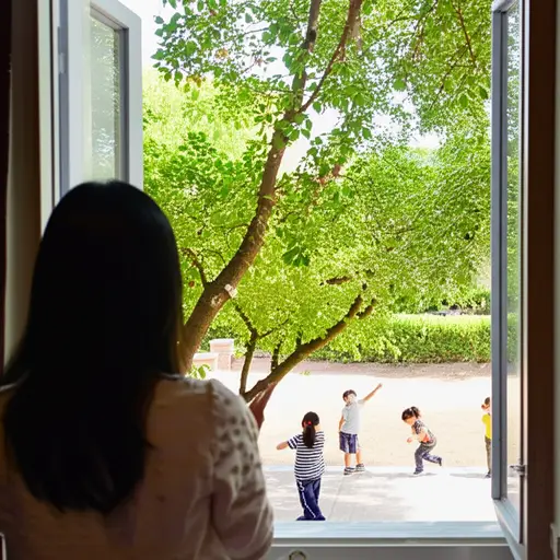 她看见他们在院子里玩耍。