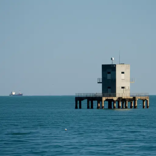 他在港口附近有栋房子（强调地点较远）。