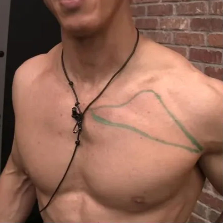 他的胸肌很结实。