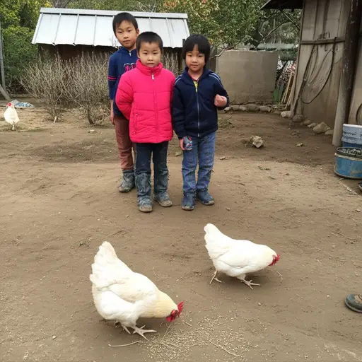 孩子们看着那只鸡在啄食种子。
