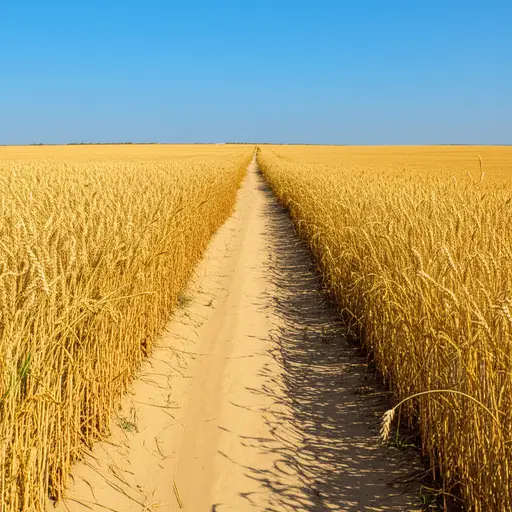 田间的小路蜿蜒穿过这片原野，两旁长满了金黄的麦穗。
