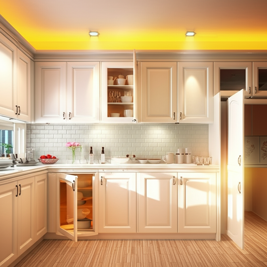 我把碗碟都放进了厨房的橱柜里。