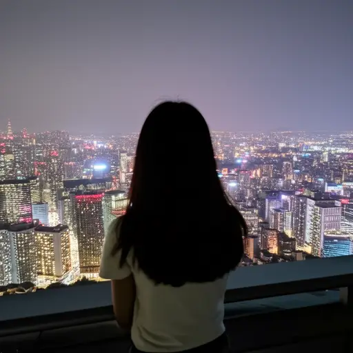 她能看见远方的城市灯火。