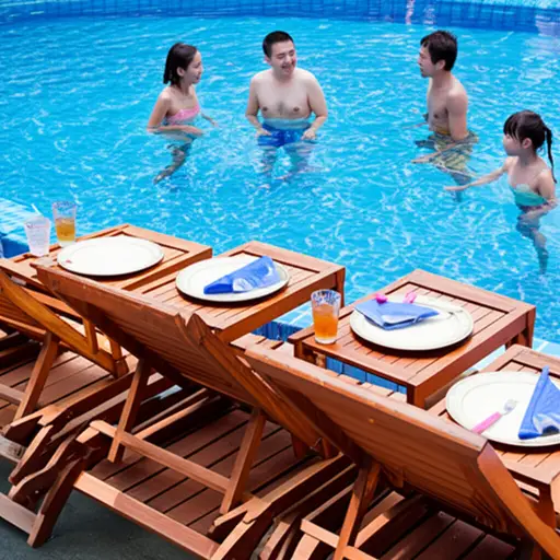 我们吃了午饭，然后我们坐在甲板上看孩子们在游泳池里玩耍。