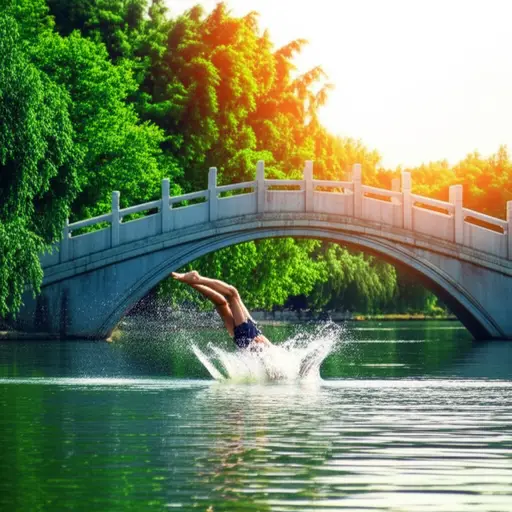 他从桥上跳入河中。