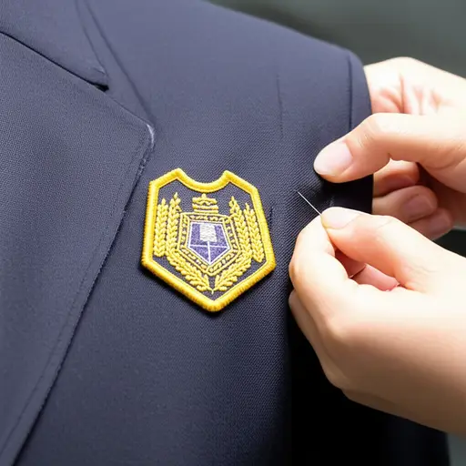 他把徽章整齐地缝到他的制服上。