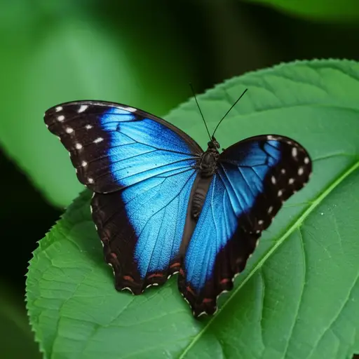 这只蝴蝶的翅膀是蓝色和黑色的。