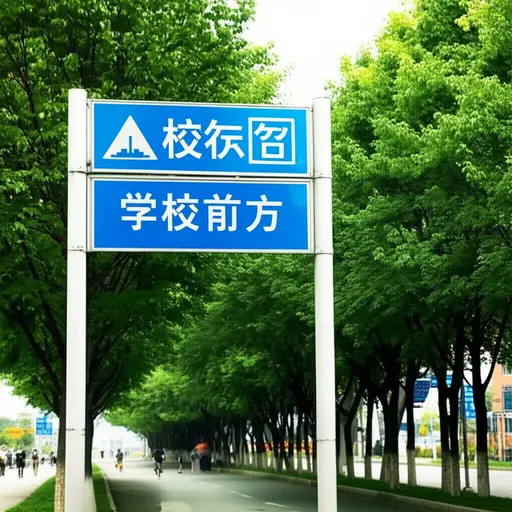看那个路标，上面写着“学校前方”。