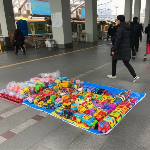 我们在火车站看到了一个玩具卖家。