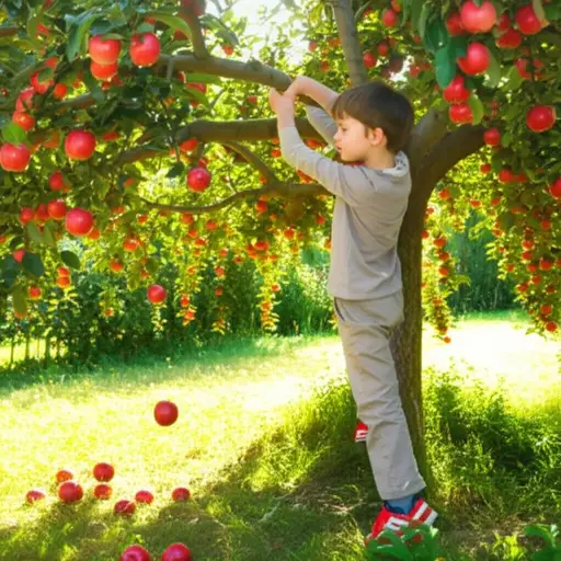 一个小男孩爬上苹果树，摇晃树枝，让水果掉下来。