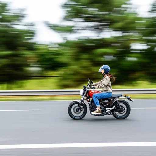 她跳上她的摩托车，沿着路疾驰而去。