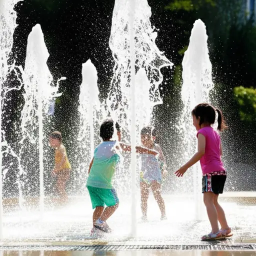 在炎热的日子里，孩子们喜欢在喷泉附近玩耍。