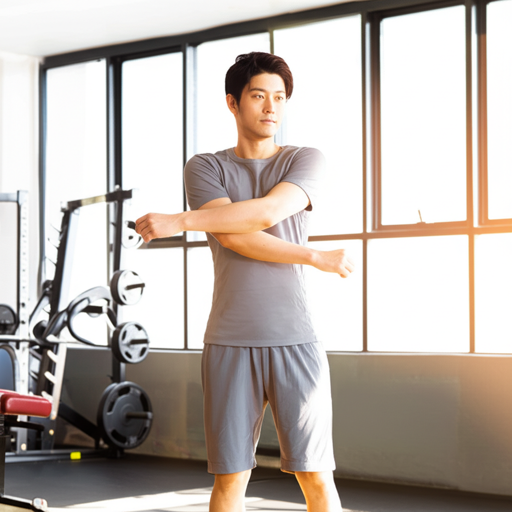 他转动肩膀放松身体。