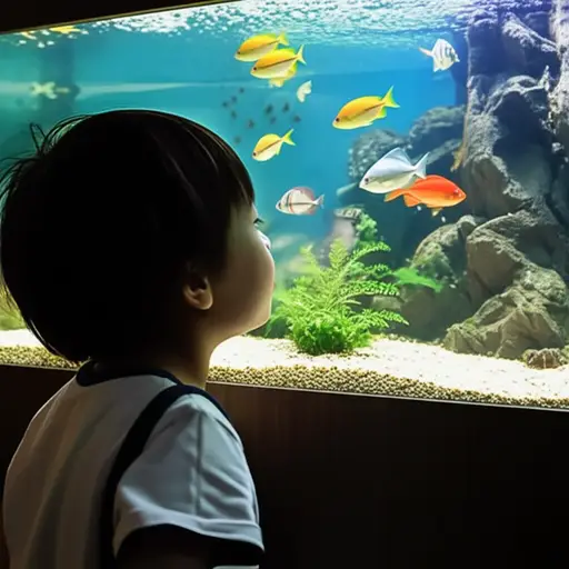 那个孩子把鼻子贴在水族箱的玻璃上。