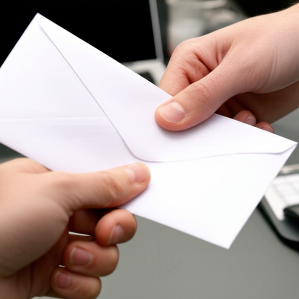 他正在递出一个信封。