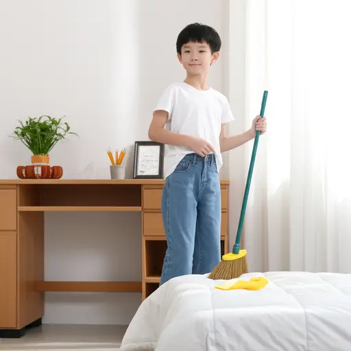 他承诺做个乖孩子，每天打扫自己的房间。