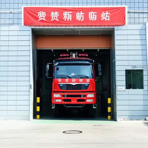 我看到一辆消防车停在消防站外面。