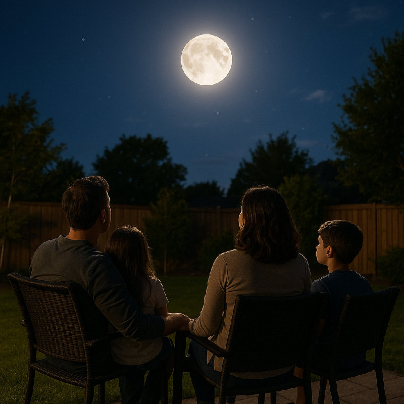 晚上全家人坐在一起赏月。