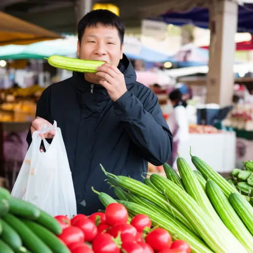 他吃了从市场买来的新鲜黄瓜。