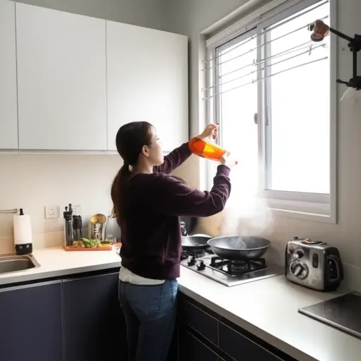 做饭后，她打开窗户让厨房变凉。