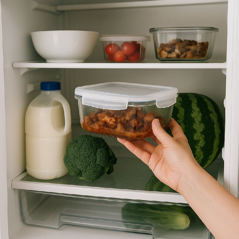 我把剩菜放进冰箱了。 