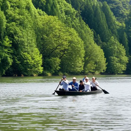 他们乘船沿河而下。