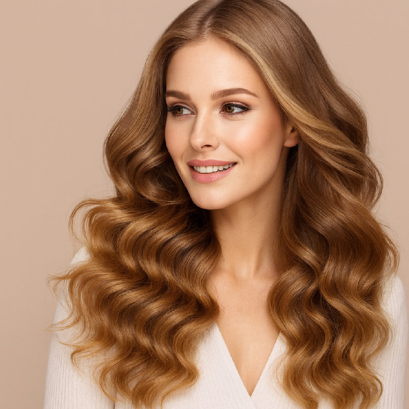 她有着美丽的波浪发，优雅地垂在肩上。