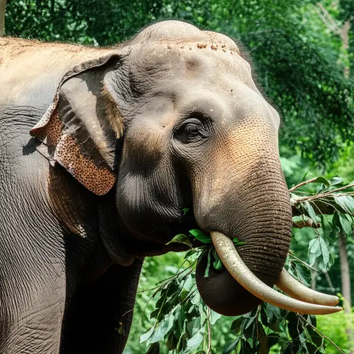 这头大象正在吃树叶。