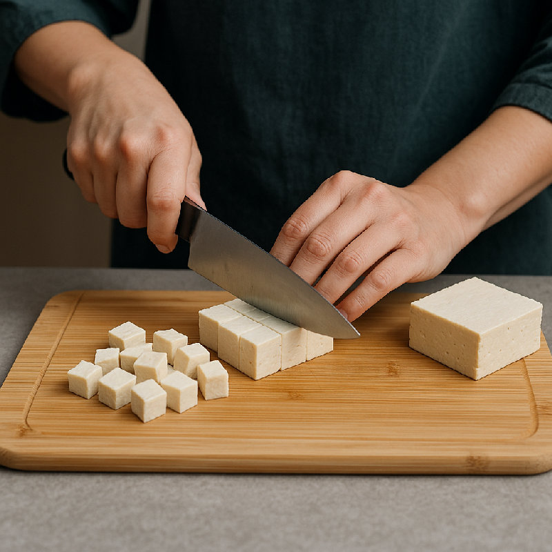 他正在把豆腐切成丁。