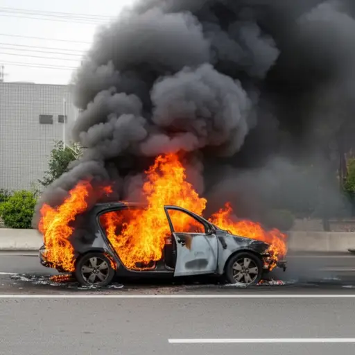 我看到一辆燃烧的汽车。