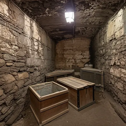 那个旧地窖很潮湿，堆满了被遗忘的箱子。